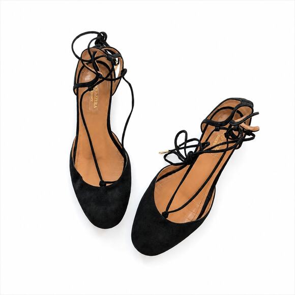 Aquazzura Shoes - Aquazzura Black Suede Dancer Lace Up Strappy Ballet Flats, Size 38/US8